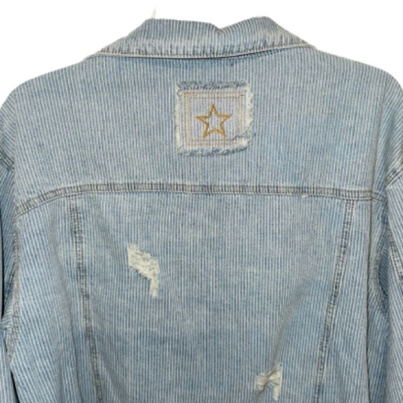 Vici Denim Blue Stripe Distressed Jean Jacket Sz Small Grunge Thrashed skater - Picture 4 of 8